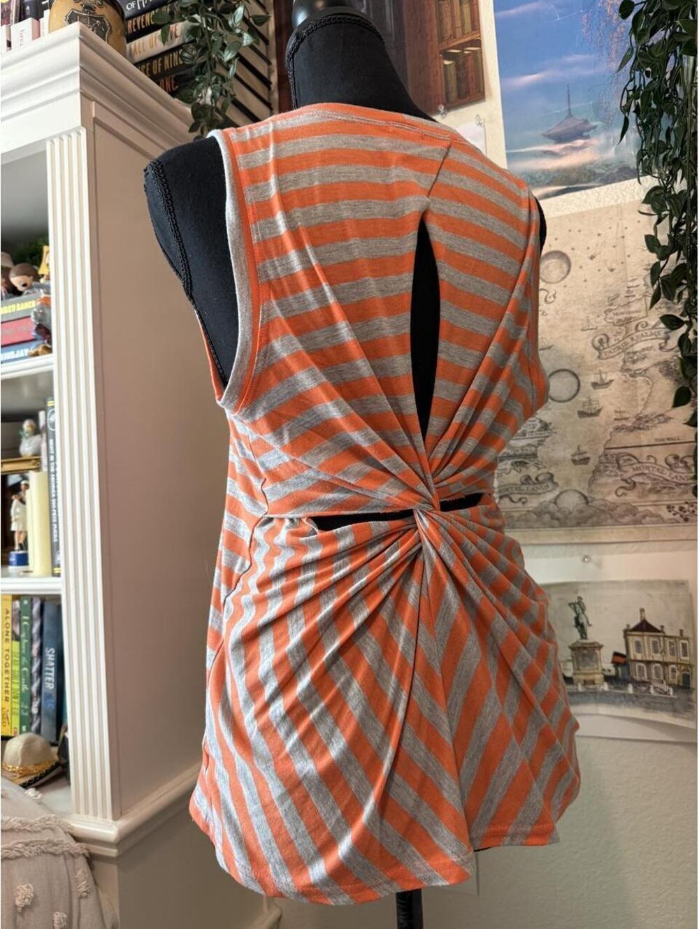 Guess 1981 Orange Gray Striped Twist Open Back Tank Top